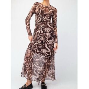 Easel L Geo Print Mesh Maxi Dress In Brown Truffle Swirl Patterned Brown NWT